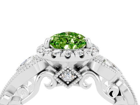 White gold Pear Cut Peridot Halo Ring with Milgrain Pavé Band and Four-Prong Setting_16