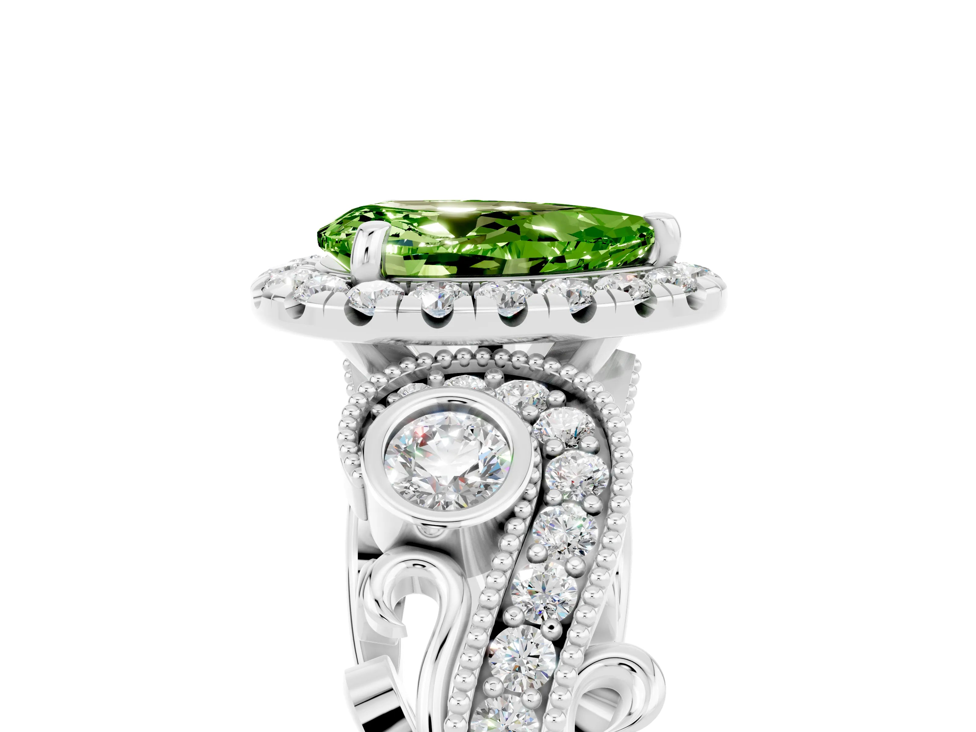 White gold Pear Cut Peridot Halo Ring with Milgrain Pavé Band and Four-Prong Setting_17