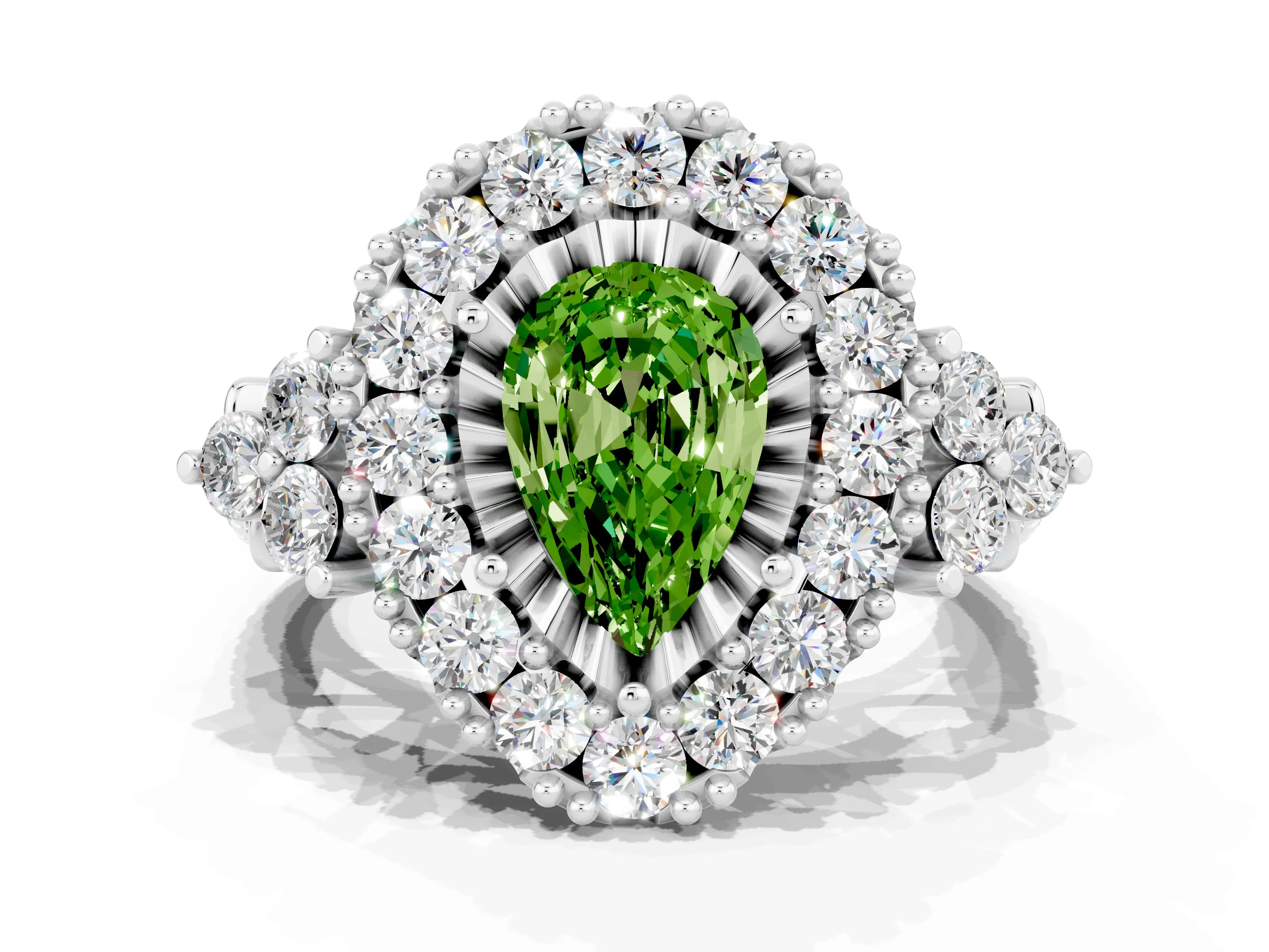 White gold Pear Cut Peridot Halo Ring with Pavé Band and Four-Prong Setting_12