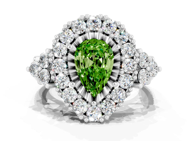 White gold Pear Cut Peridot Halo Ring with Pavé Band and Four-Prong Setting