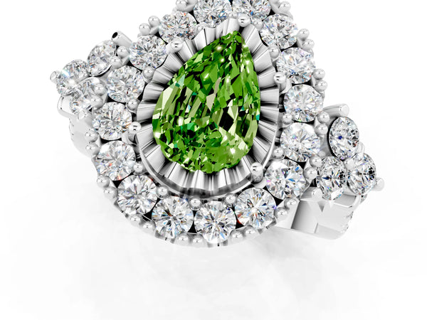 White gold Pear Cut Peridot Halo Ring with Pavé Band and Four-Prong Setting