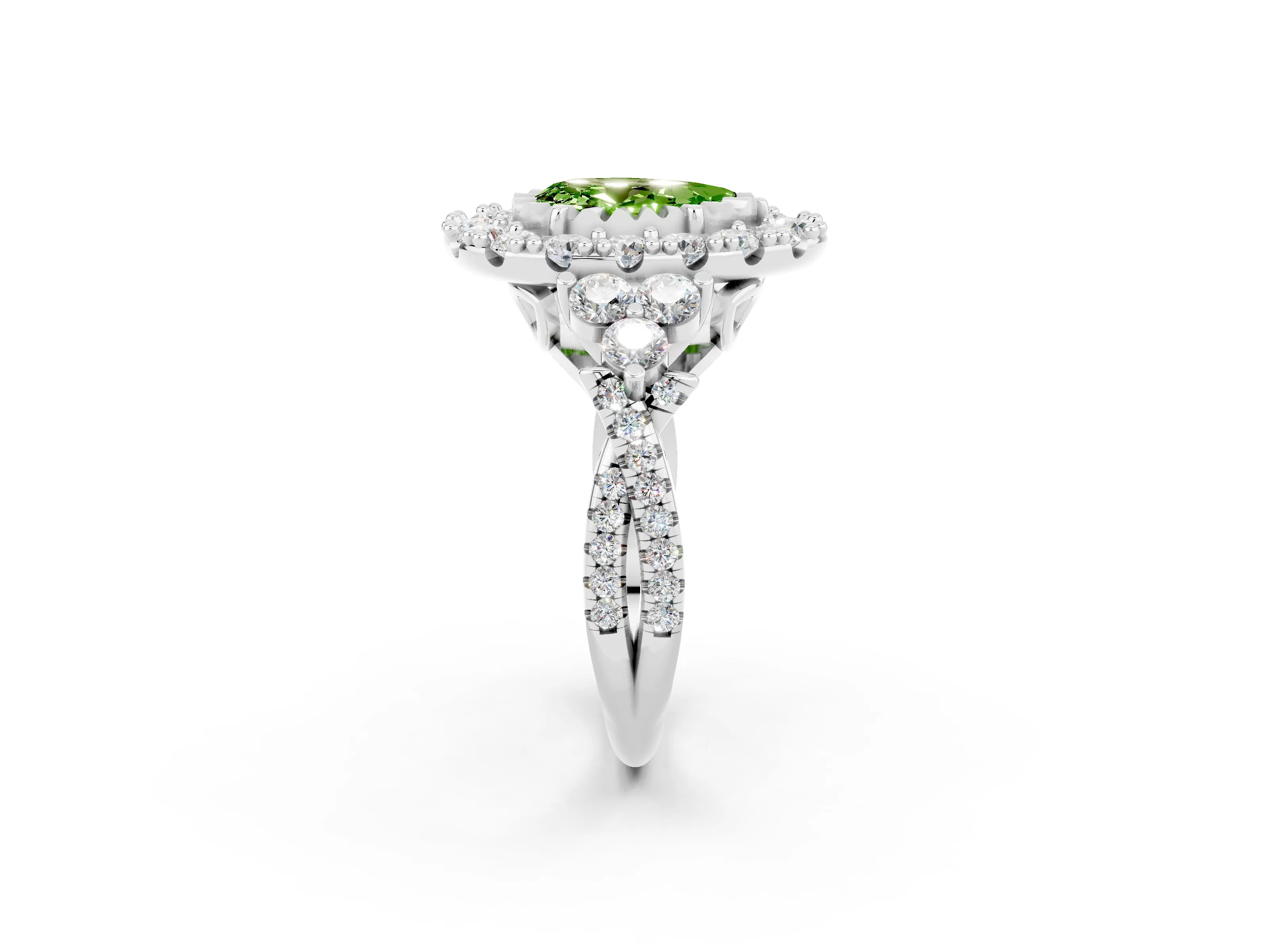 White gold Pear Cut Peridot Halo Ring with Pavé Band and Four-Prong Setting_14