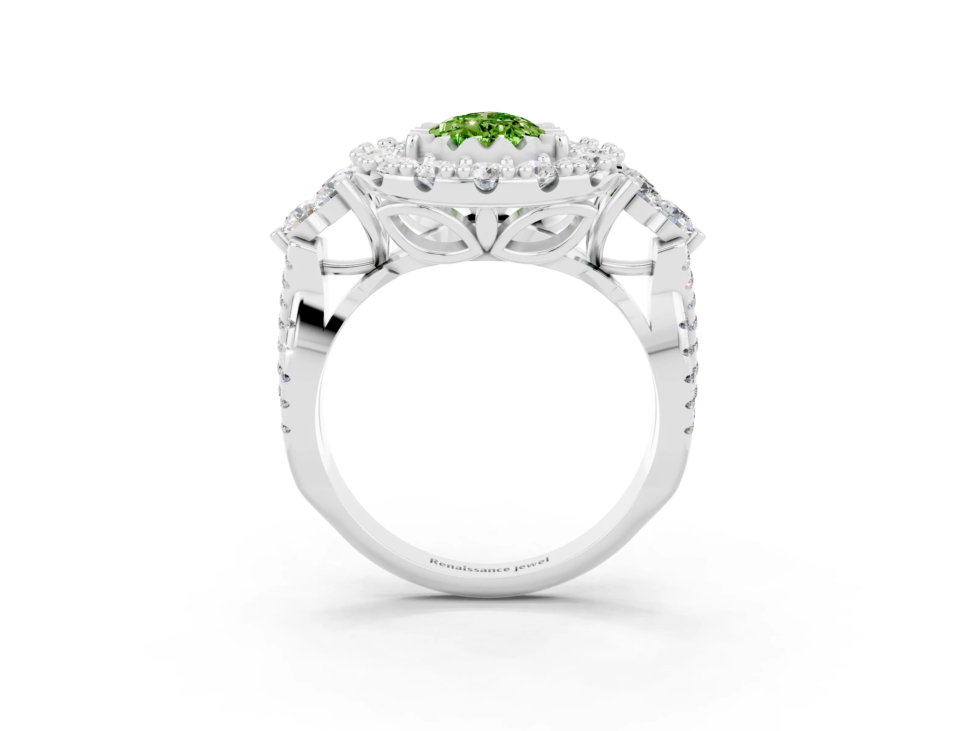 White gold Pear Cut Peridot Halo Ring with Pavé Band and Four-Prong Setting_15