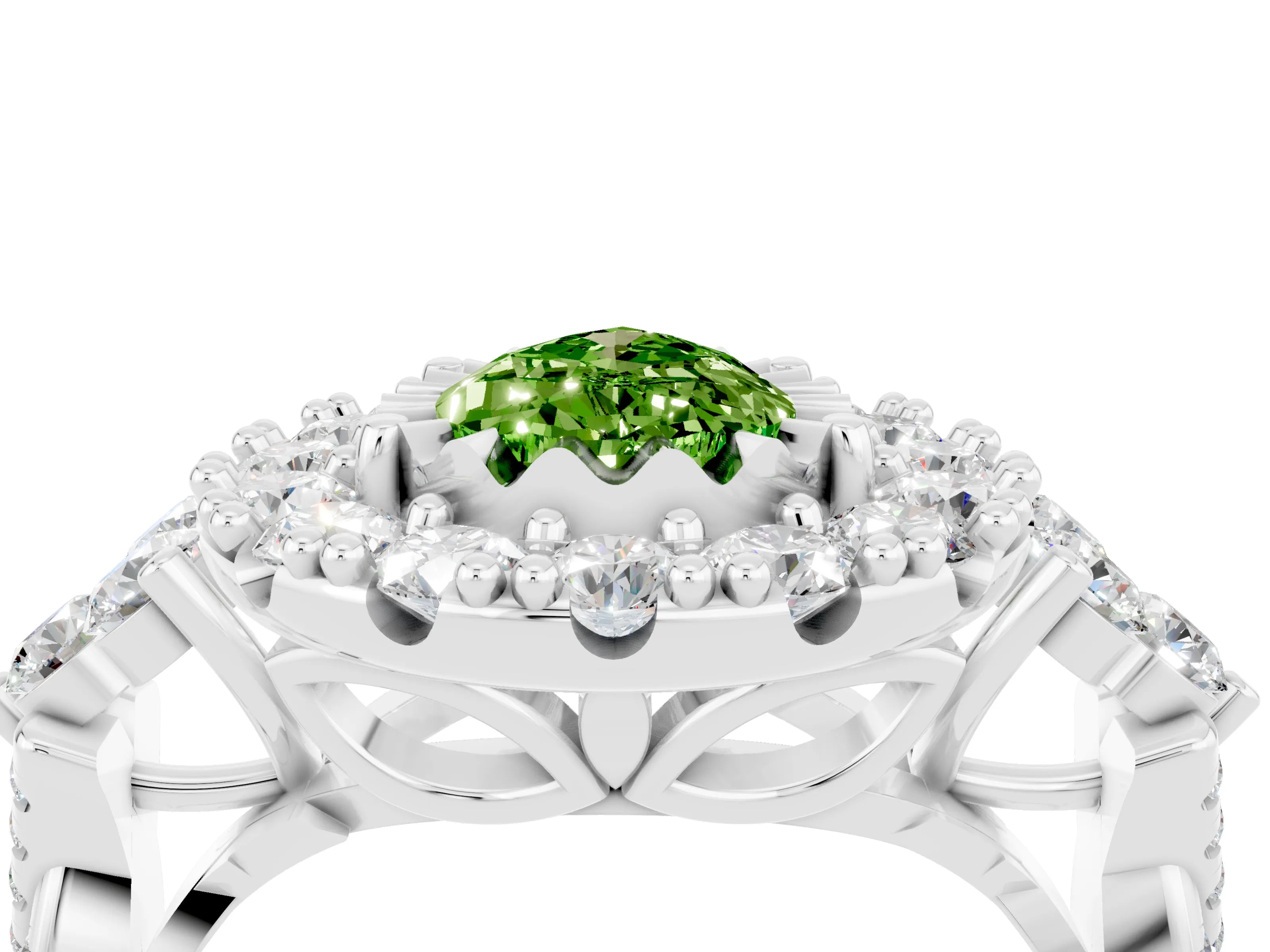 White gold Pear Cut Peridot Halo Ring with Pavé Band and Four-Prong Setting_16