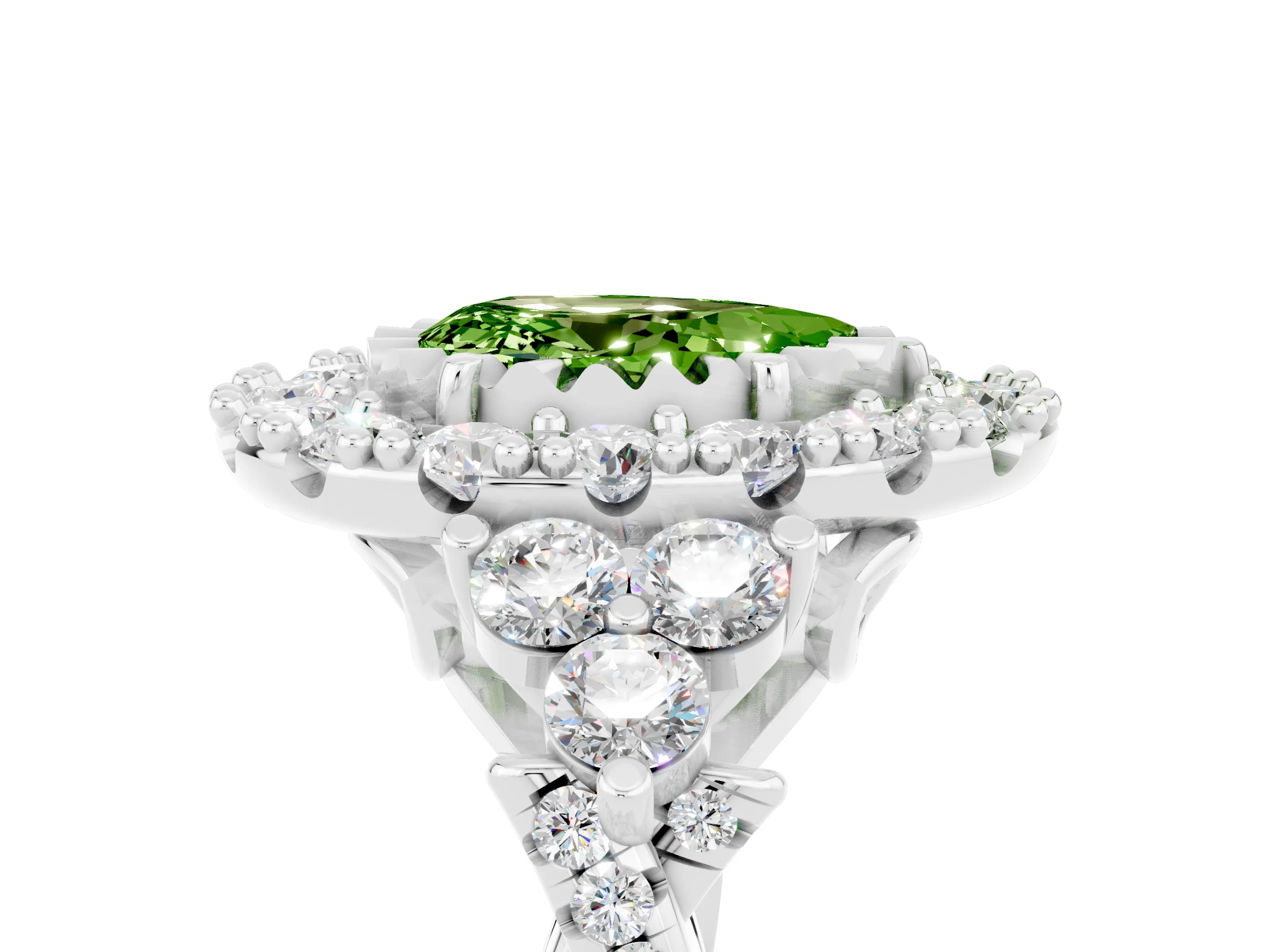 White gold Pear Cut Peridot Halo Ring with Pavé Band and Four-Prong Setting_17
