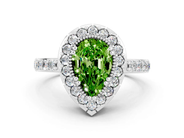 Platinum Pear Cut Peridot Halo Ring with Pavé Band and Prong Setting