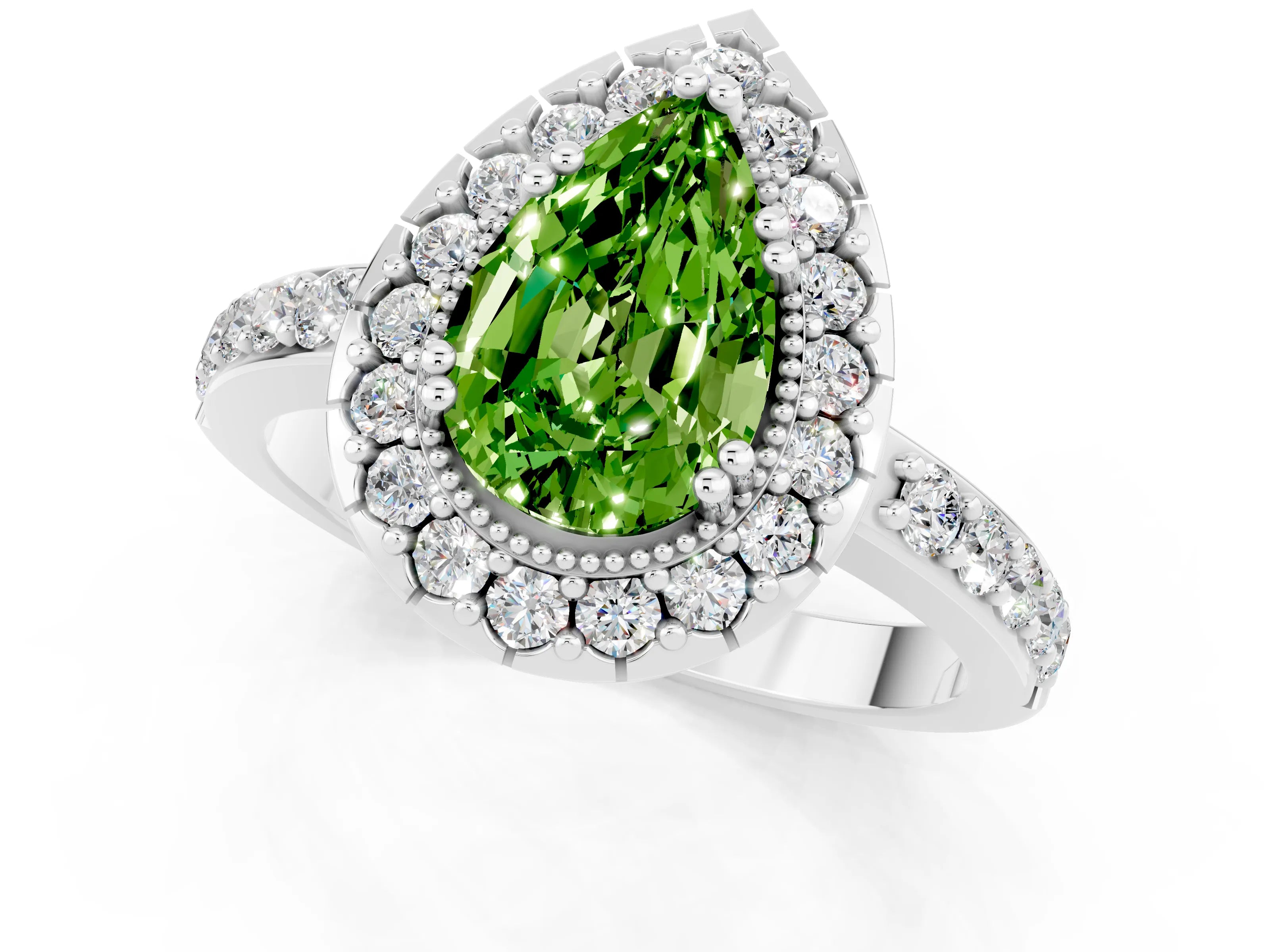 White gold Pear Cut Peridot Halo Ring with Pavé Band and Prong Setting_1