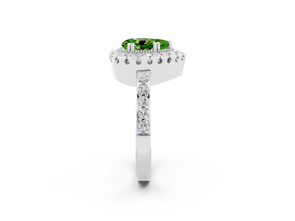 Platinum Pear Cut Peridot Halo Ring with Pavé Band and Prong Setting