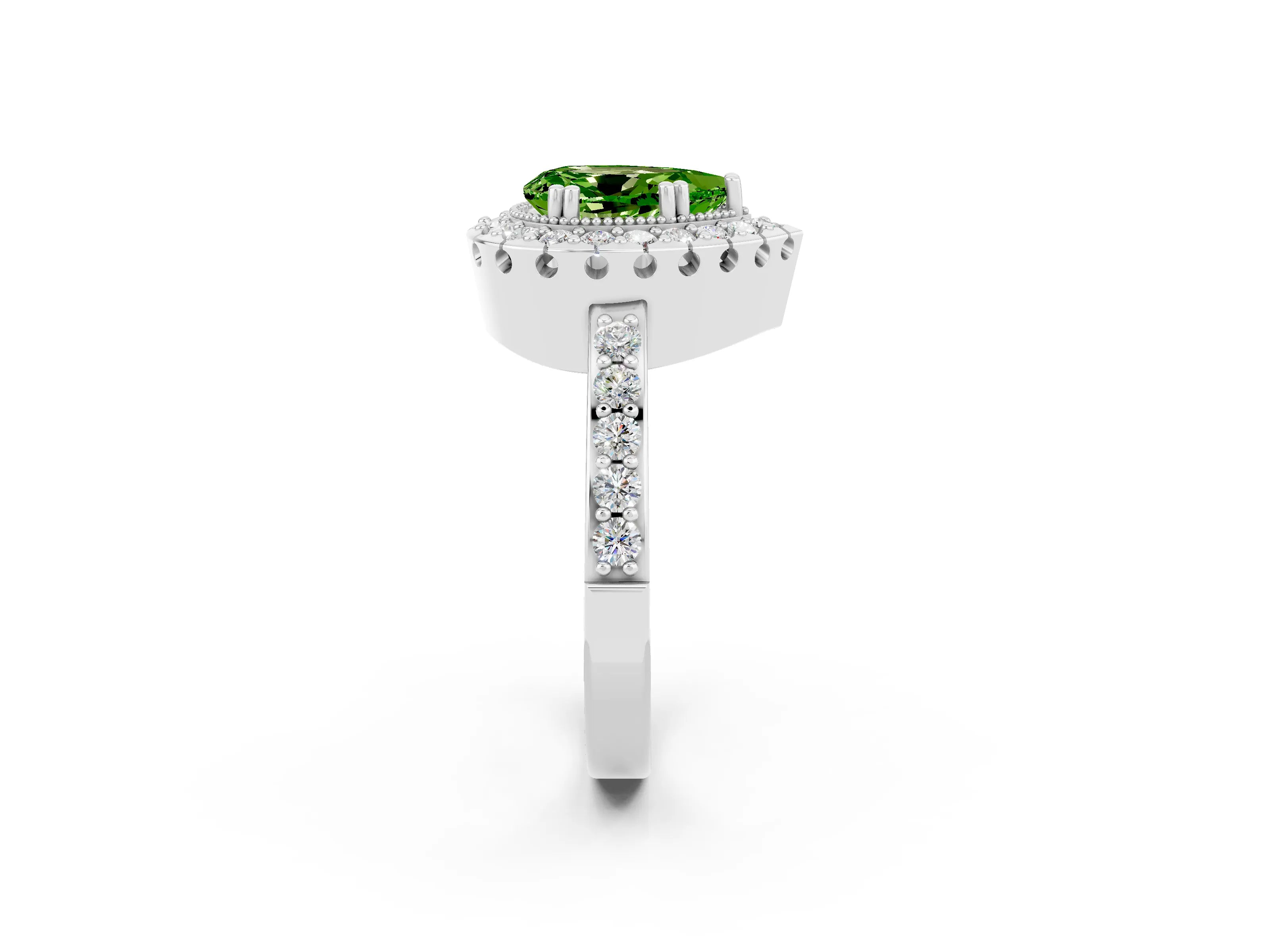 White gold Pear Cut Peridot Halo Ring with Pavé Band and Prong Setting_2