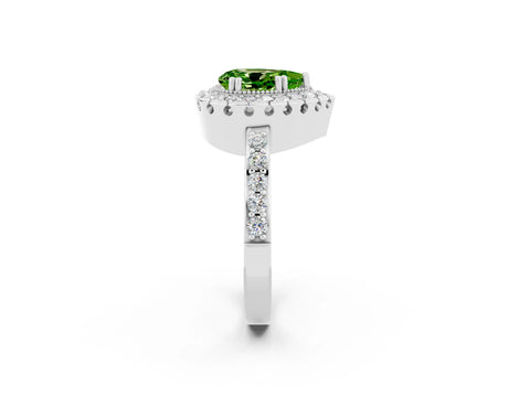 White gold Pear Cut Peridot Halo Ring with Pavé Band and Prong Setting_2