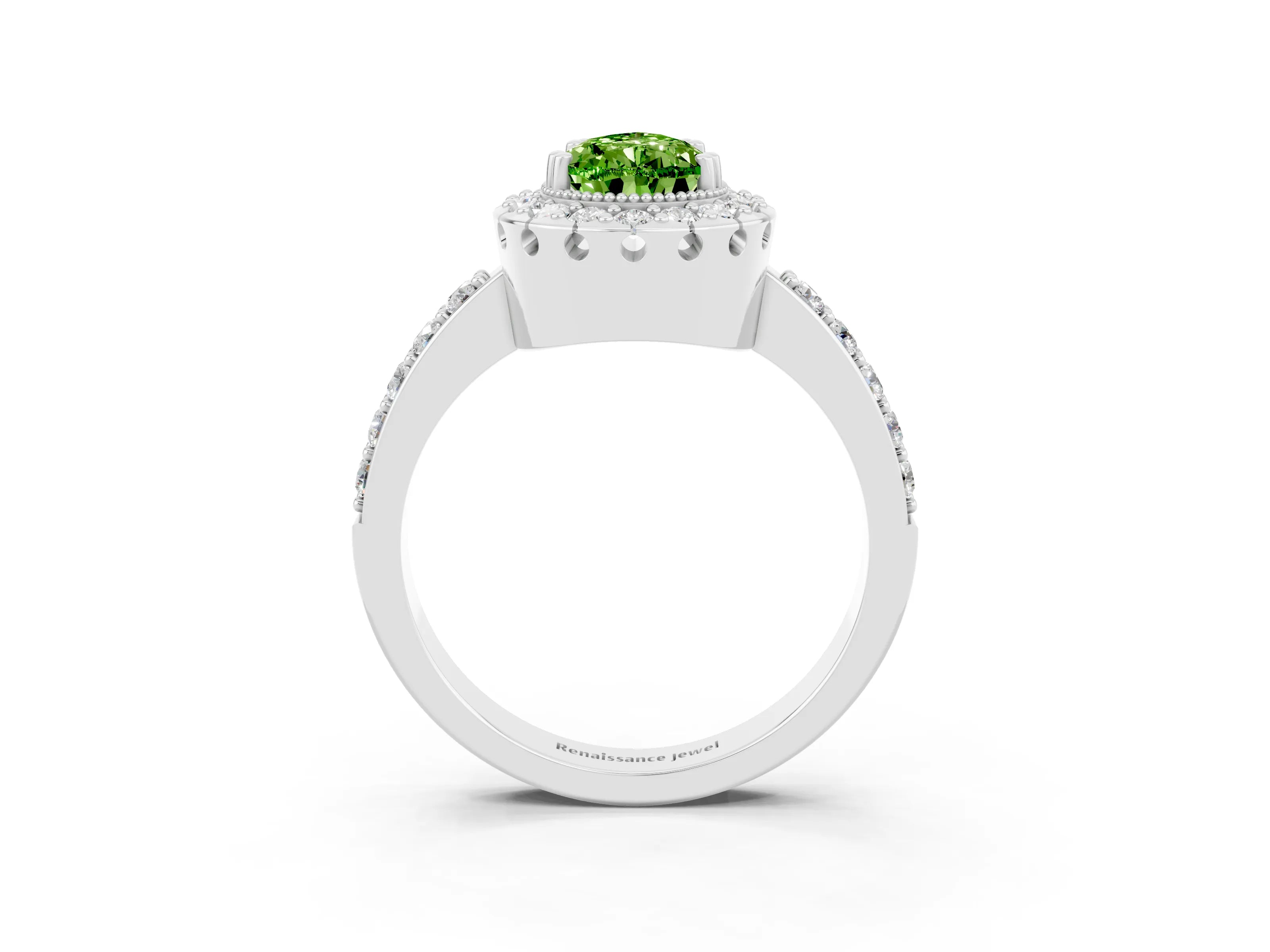 White gold Pear Cut Peridot Halo Ring with Pavé Band and Prong Setting_3