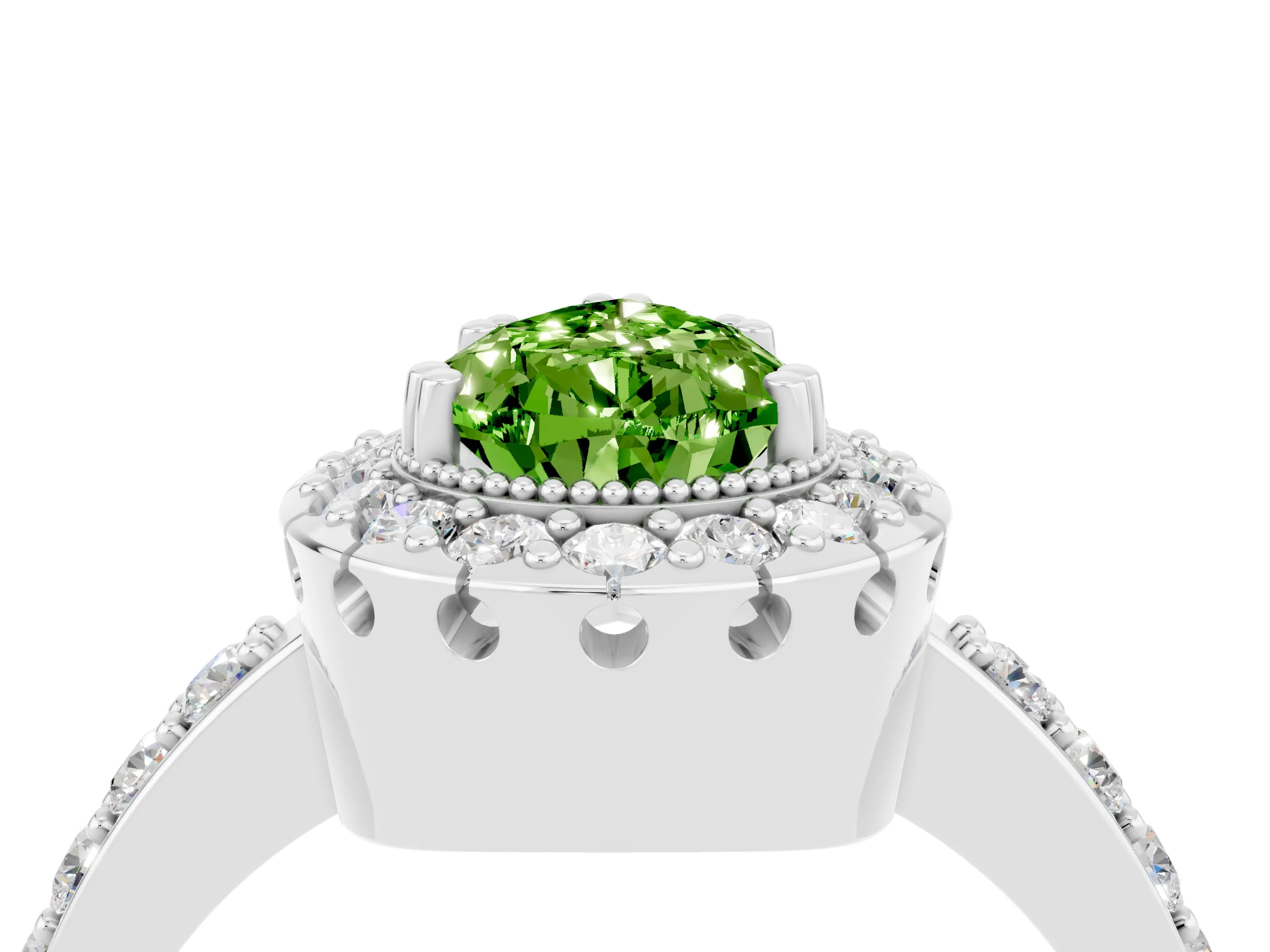 White gold Pear Cut Peridot Halo Ring with Pavé Band and Prong Setting_4