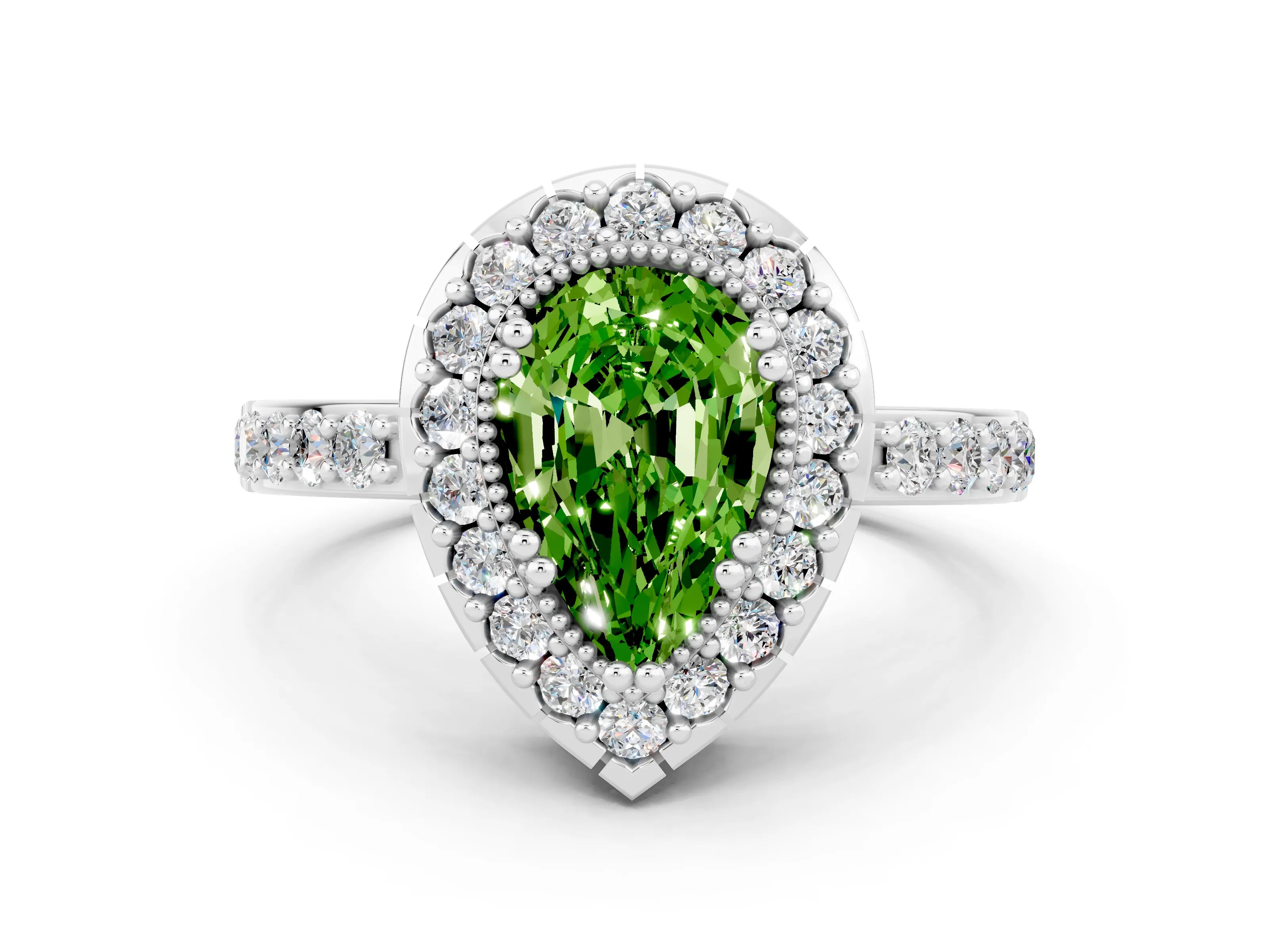 White gold Pear Cut Peridot Halo Ring with Pavé Band and Prong Setting