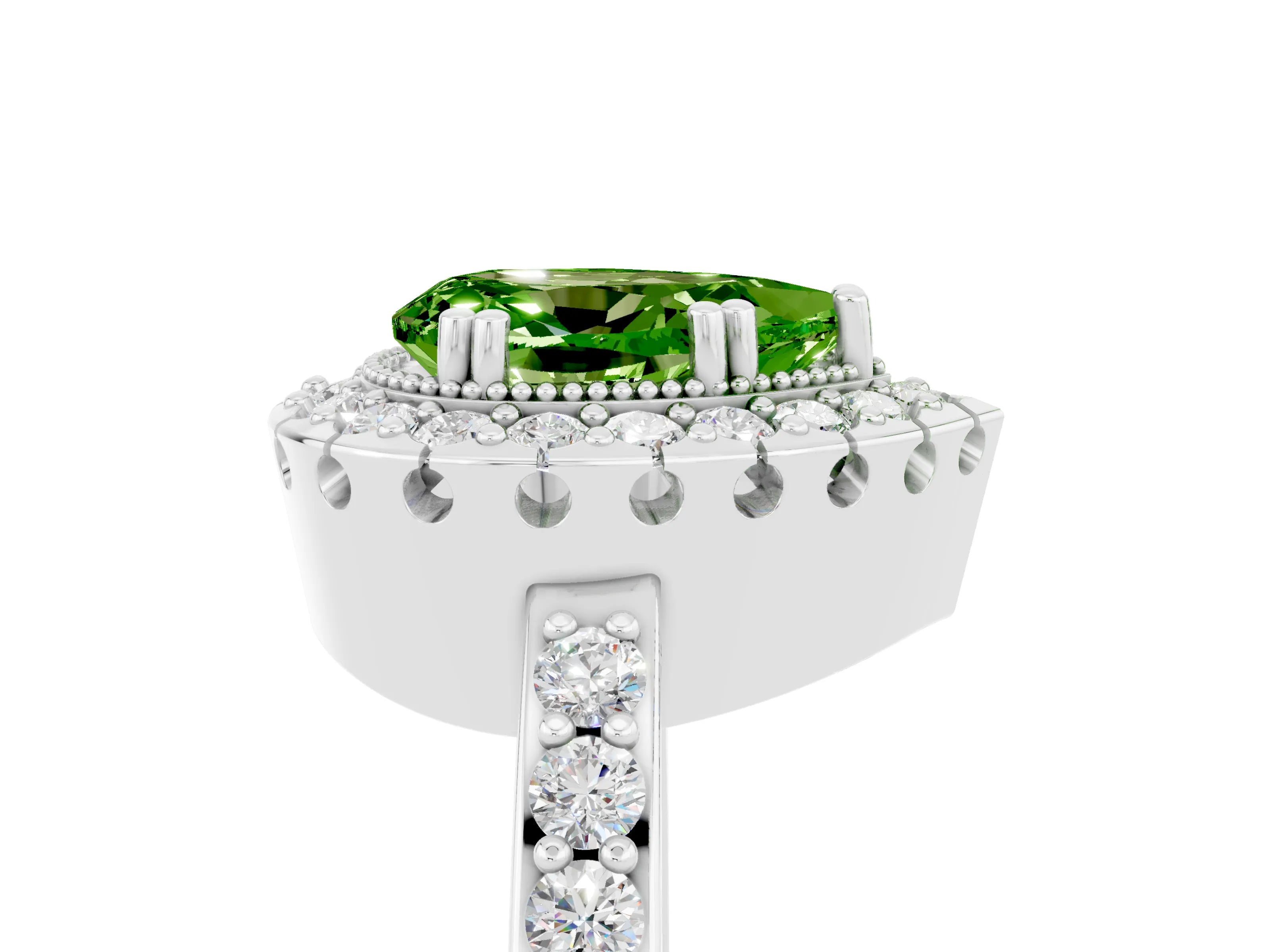 White gold Pear Cut Peridot Halo Ring with Pavé Band and Prong Setting_5