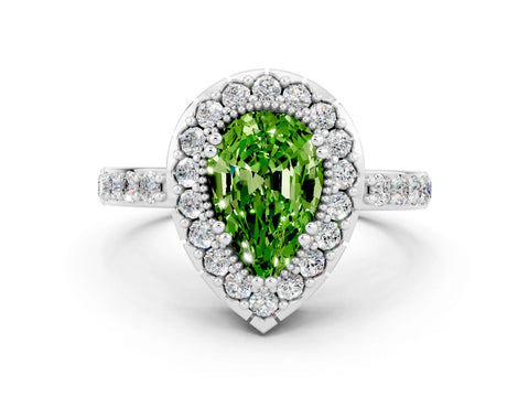 White gold Pear Cut Peridot Halo Ring with Pavé Band and Prong Setting