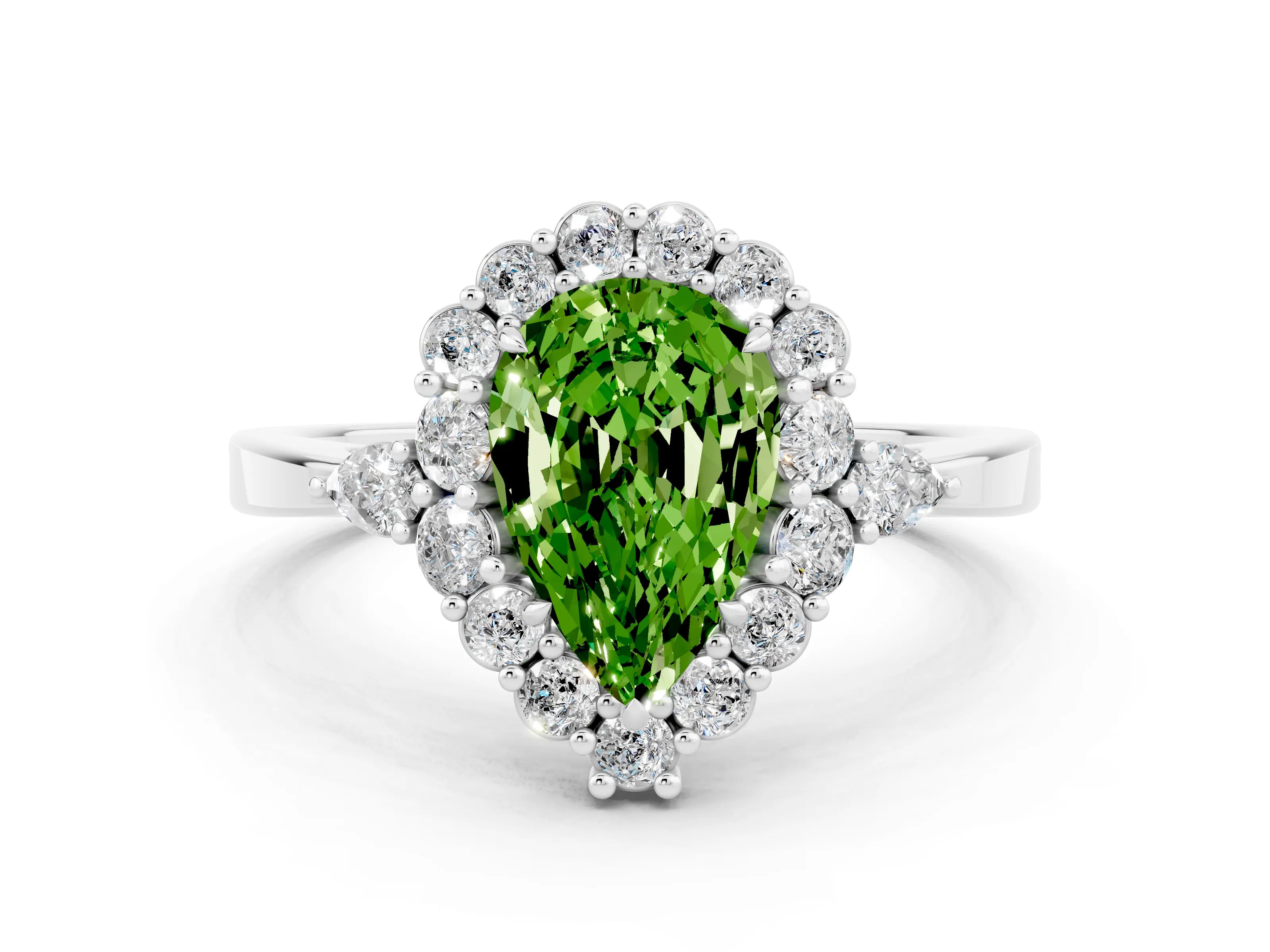 White gold Pear Cut Peridot Halo Ring with Pear Side Stones and Prong Setting_48