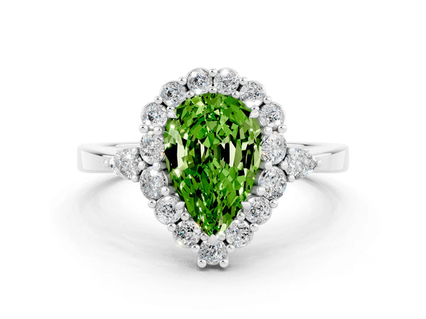 Silver Pear Cut Peridot Halo Ring with Pear Side Stones and Prong Setting
