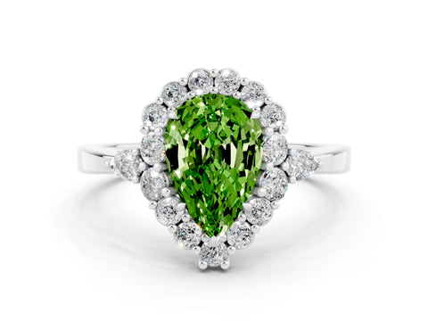White gold Pear Cut Peridot Halo Ring with Pear Side Stones and Prong Setting_48