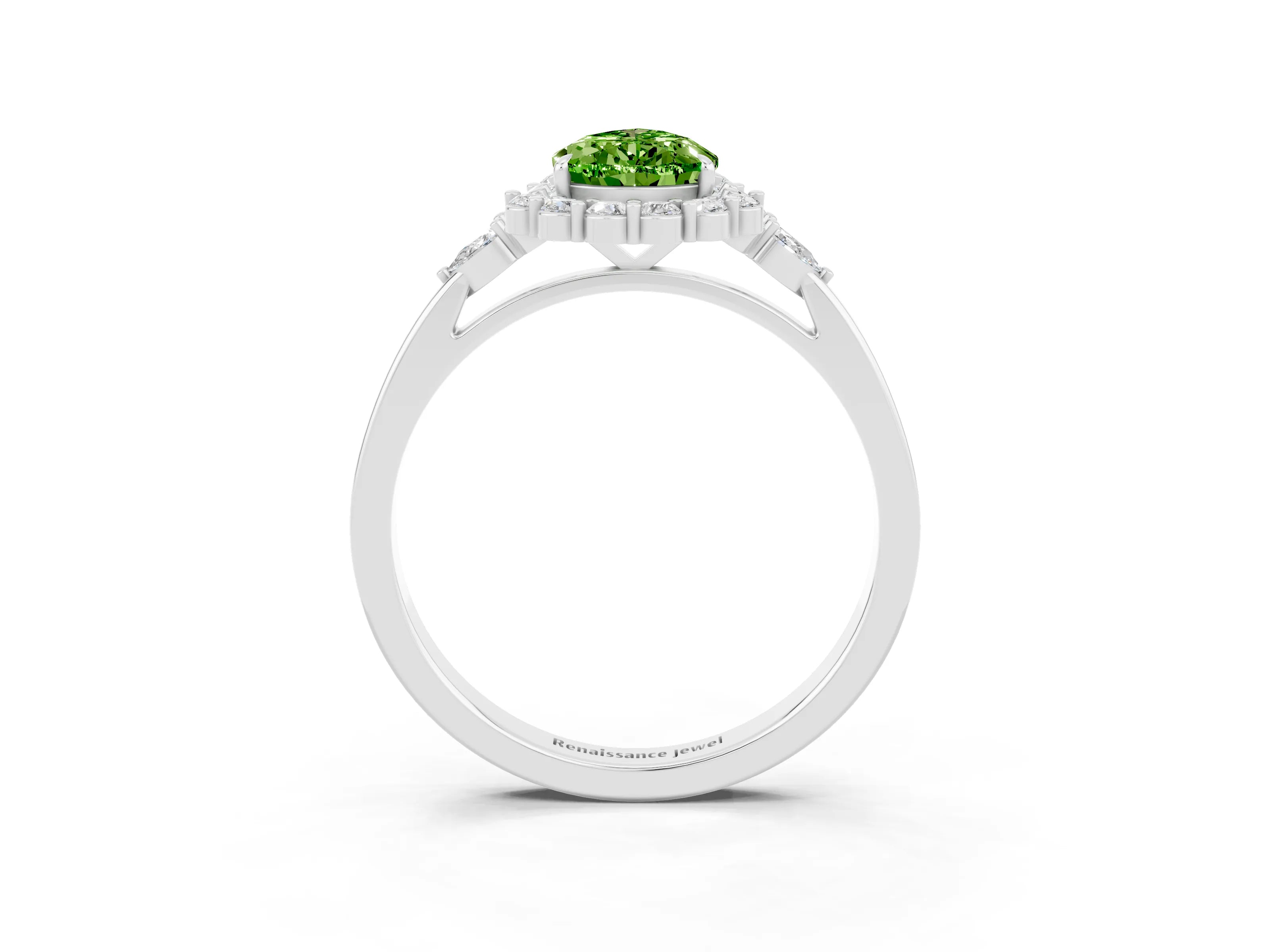 White gold Pear Cut Peridot Halo Ring with Pear Side Stones and Prong Setting_48
