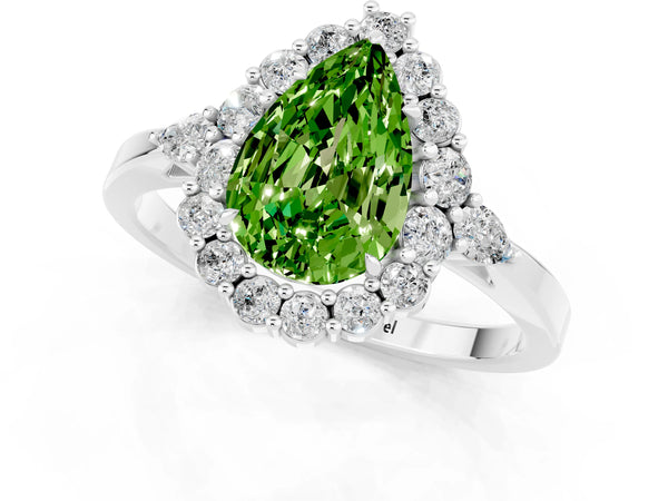 Silver Pear Cut Peridot Halo Ring with Pear Side Stones and Prong Setting
