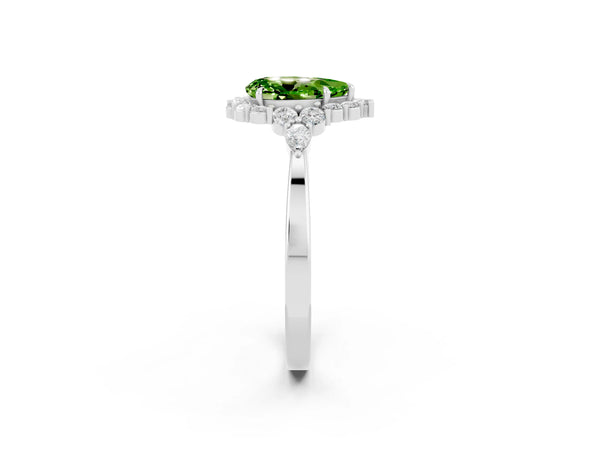 Platinum Pear Cut Peridot Halo Ring with Pear Side Stones and Prong Setting