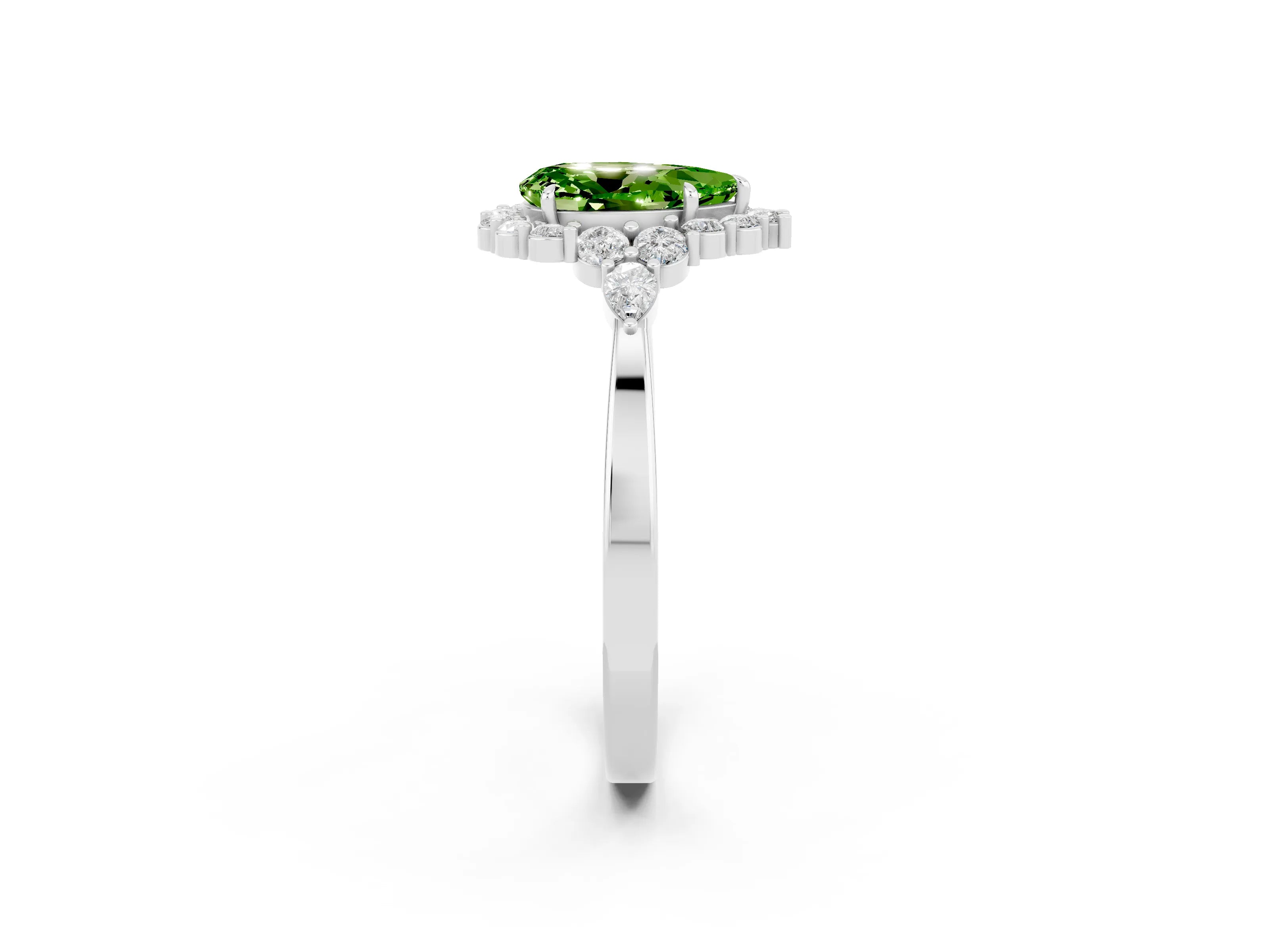 White gold Pear Cut Peridot Halo Ring with Pear Side Stones and Prong Setting_50