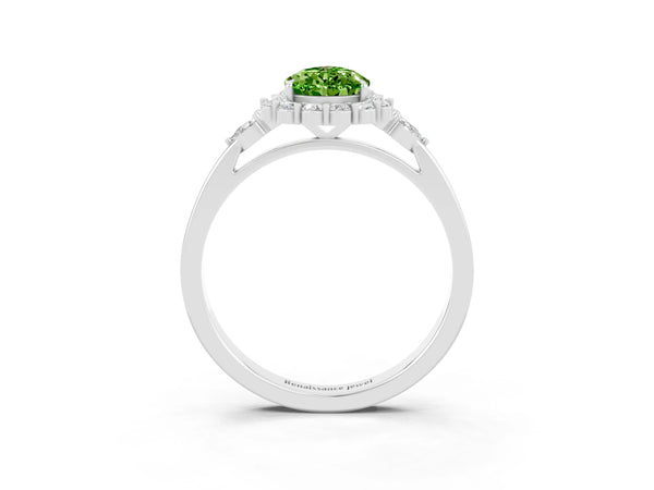 Silver Pear Cut Peridot Halo Ring with Pear Side Stones and Prong Setting