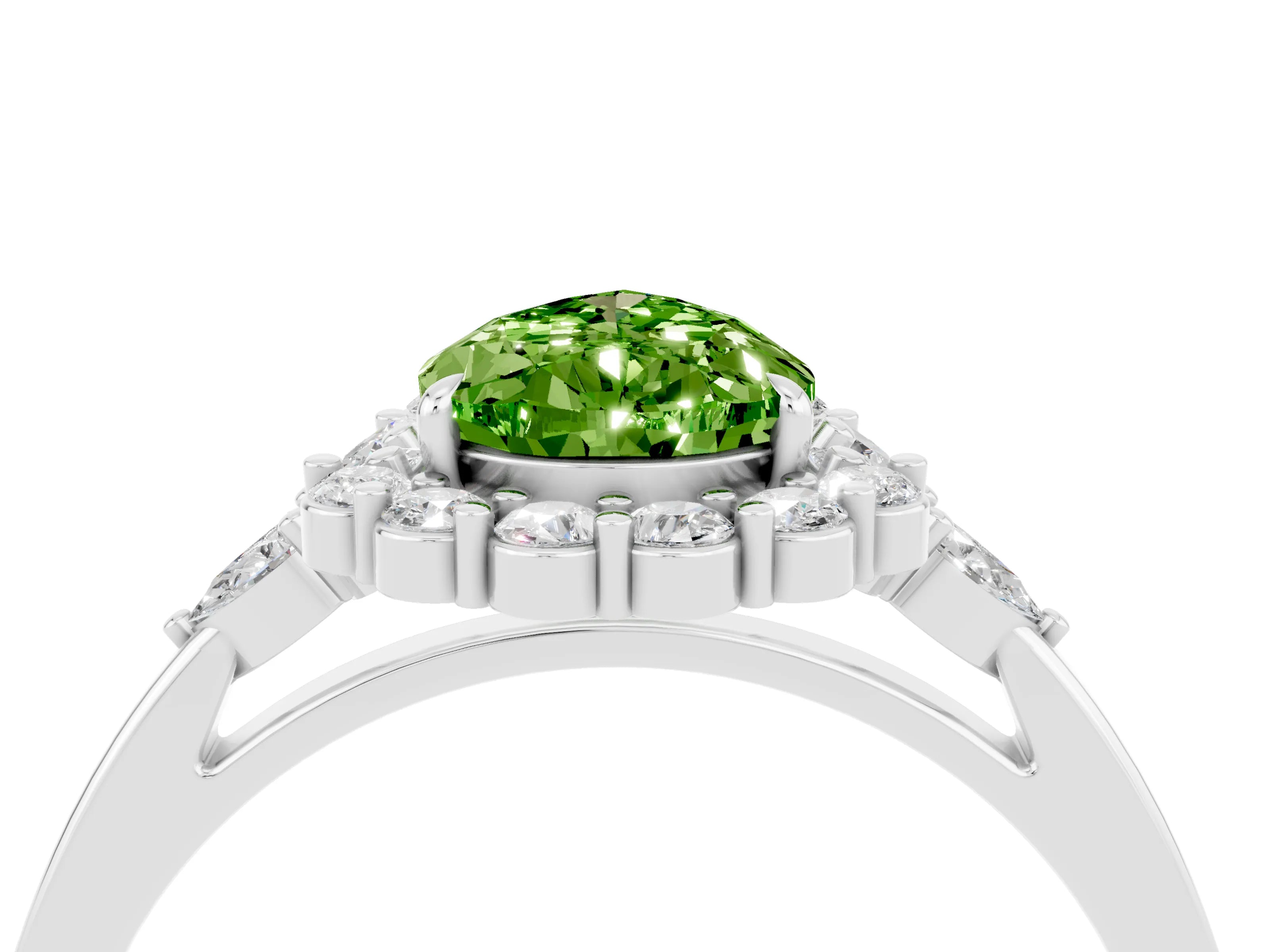 White gold Pear Cut Peridot Halo Ring with Pear Side Stones and Prong Setting_52
