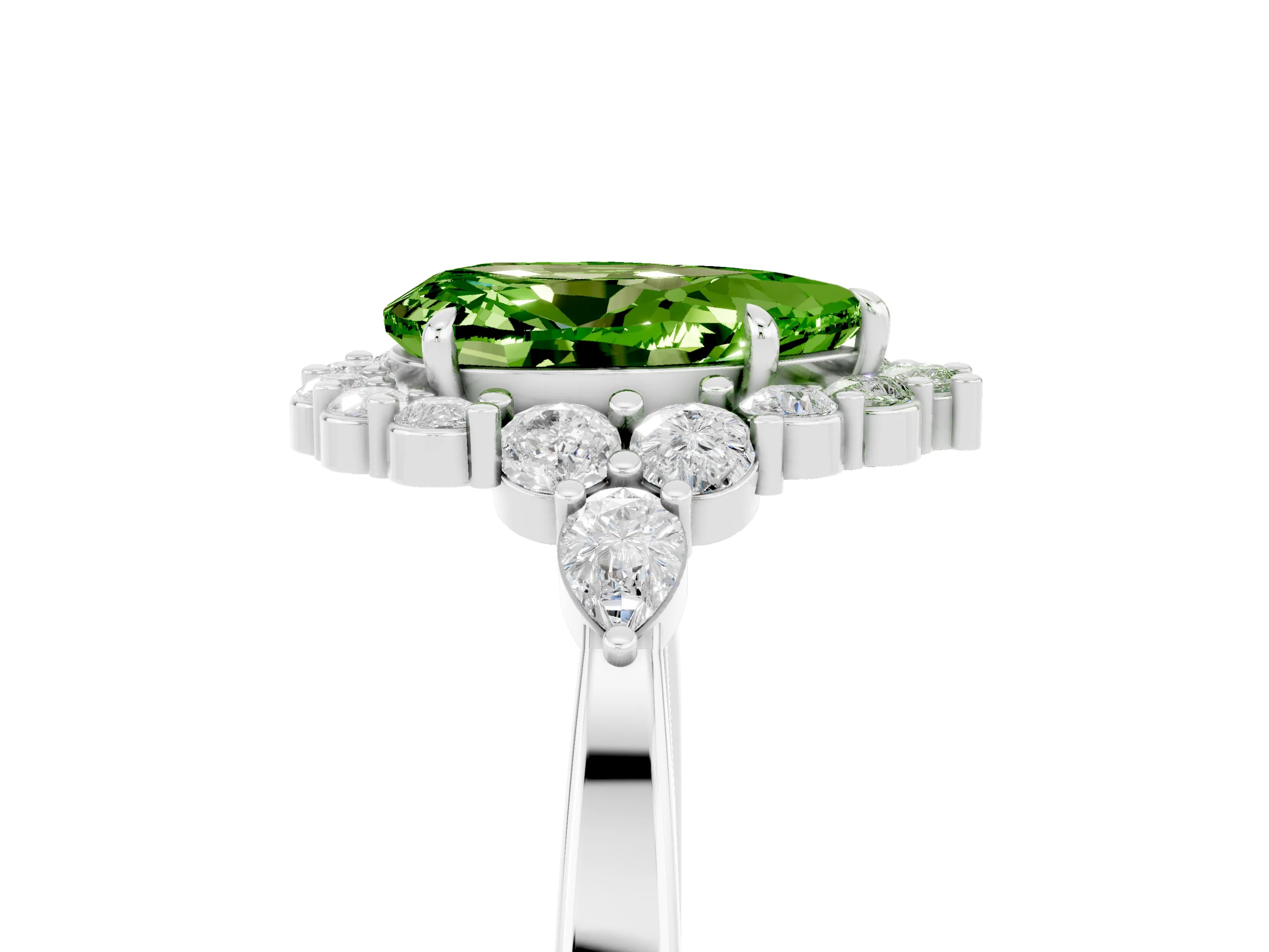White gold Pear Cut Peridot Halo Ring with Pear Side Stones and Prong Setting_53