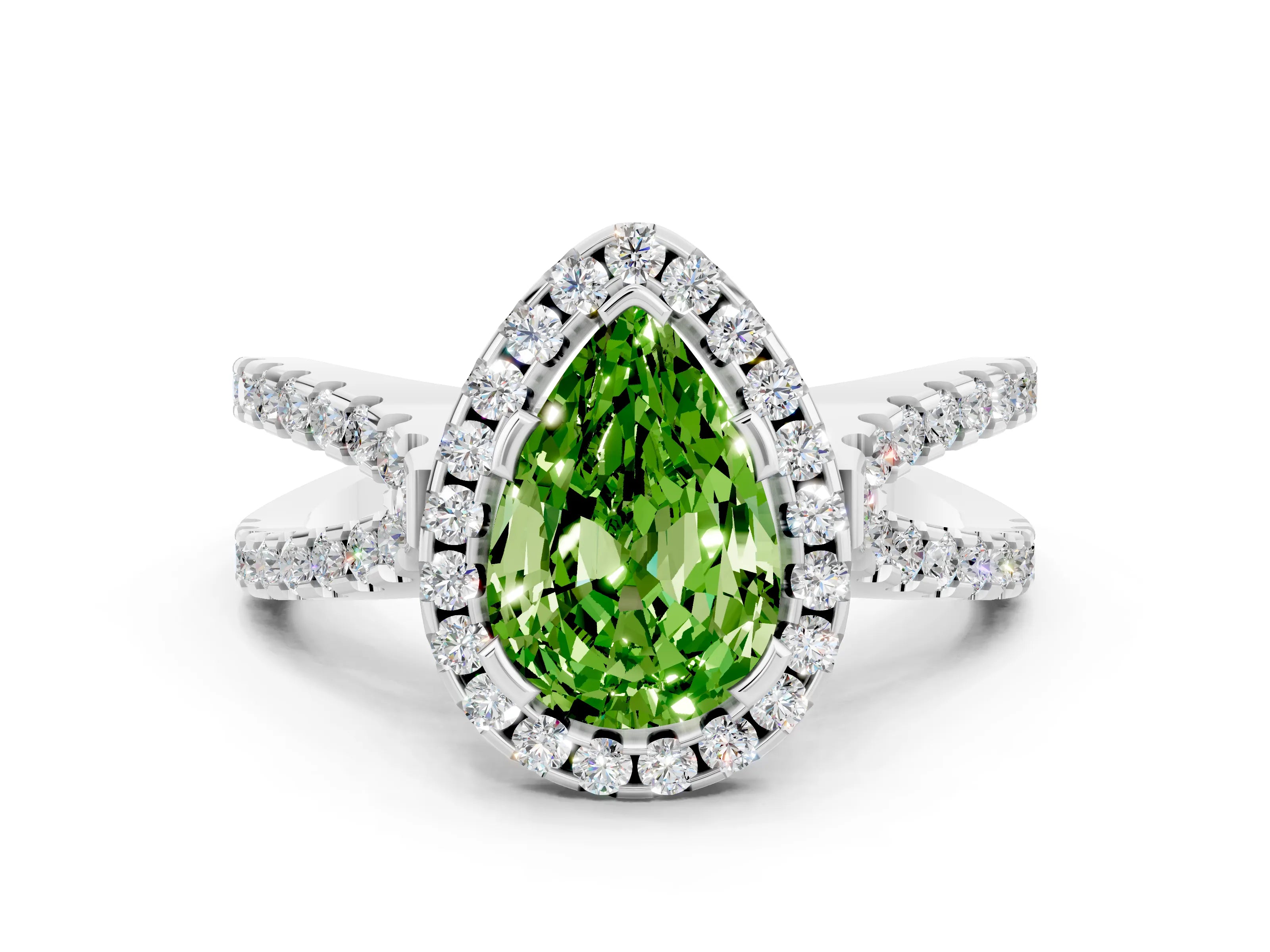 White gold Pear Cut Peridot Halo Ring with Split Shank Pavé Band and Prong Setting