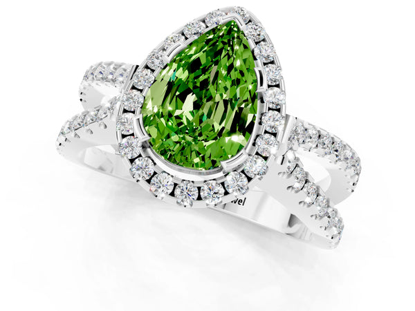Platinum Pear Cut Peridot Halo Ring with Split Shank Pavé Band and Prong Setting