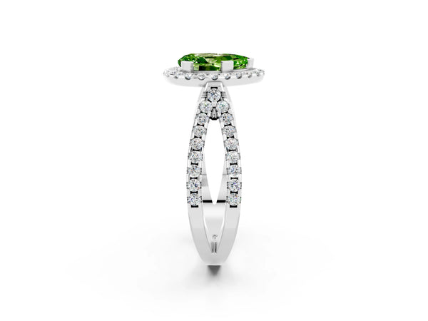 Platinum Pear Cut Peridot Halo Ring with Split Shank Pavé Band and Prong Setting