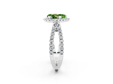 White gold Pear Cut Peridot Halo Ring with Split Shank Pavé Band and Prong Setting_2