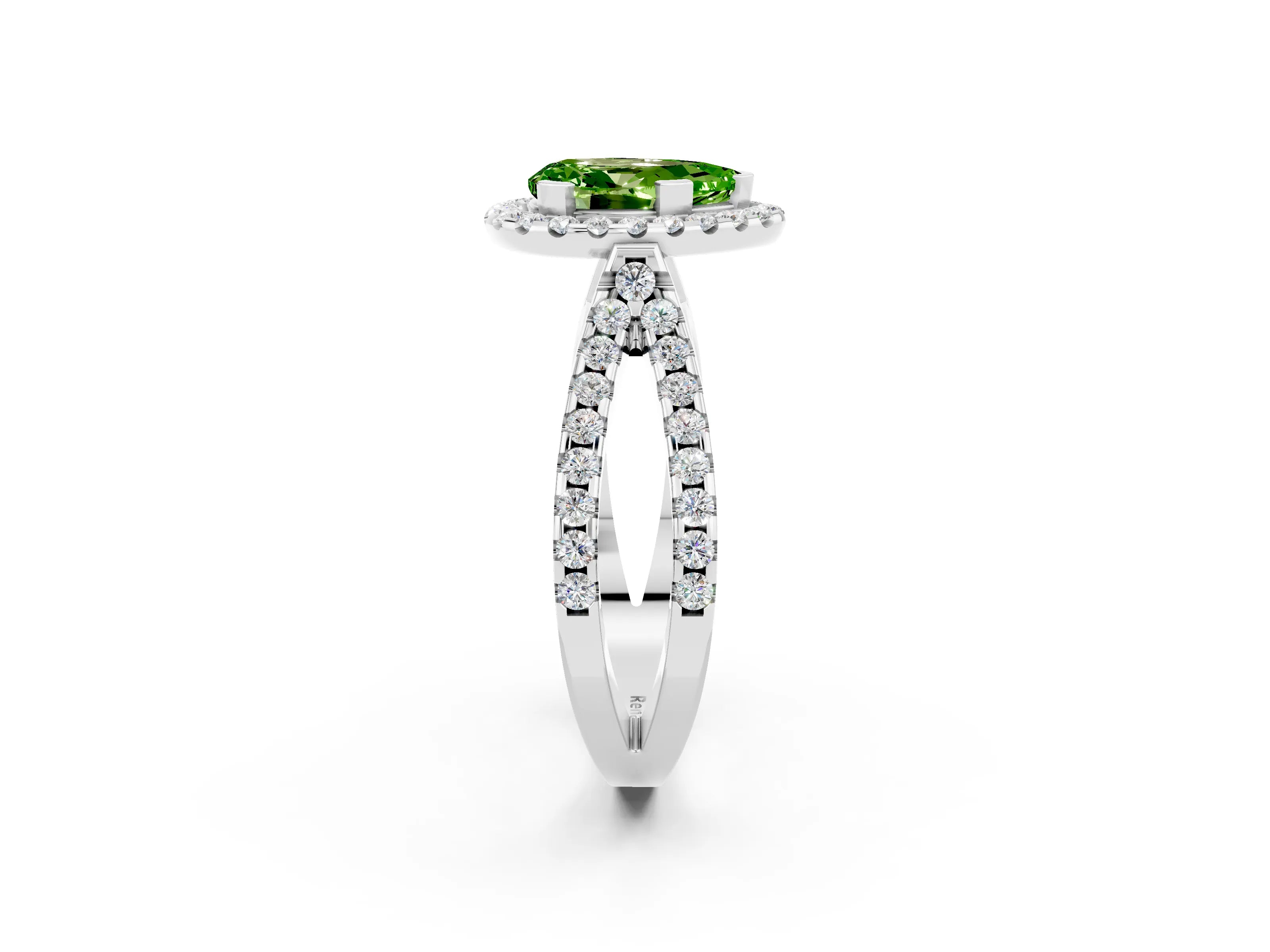 White gold Pear Cut Peridot Halo Ring with Split Shank Pavé Band and Prong Setting_2