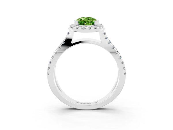 Platinum Pear Cut Peridot Halo Ring with Split Shank Pavé Band and Prong Setting