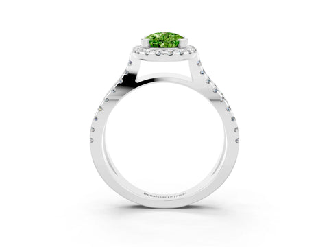 White gold Pear Cut Peridot Halo Ring with Split Shank Pavé Band and Prong Setting_3