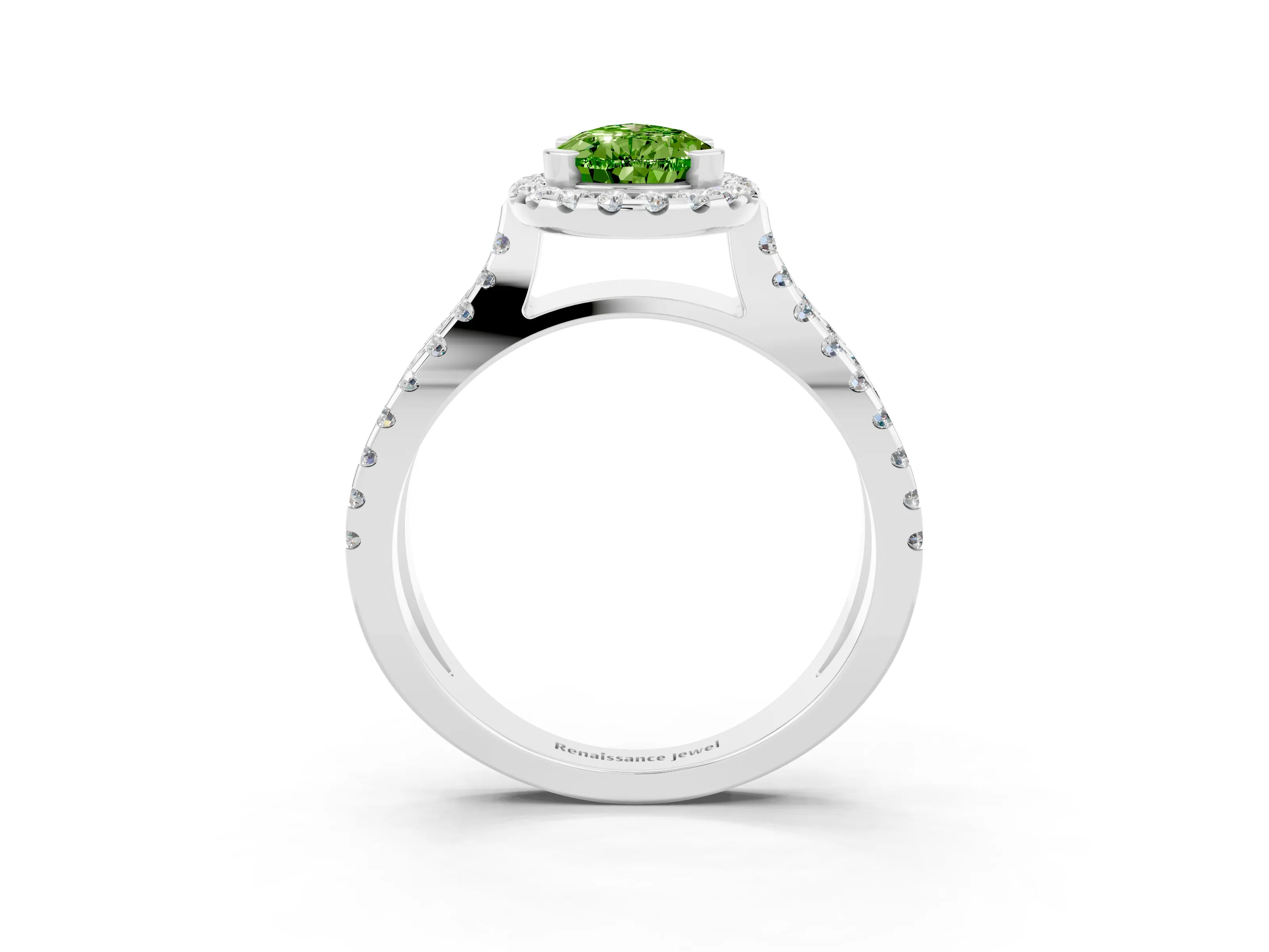 White gold Pear Cut Peridot Halo Ring with Split Shank Pavé Band and Prong Setting_3