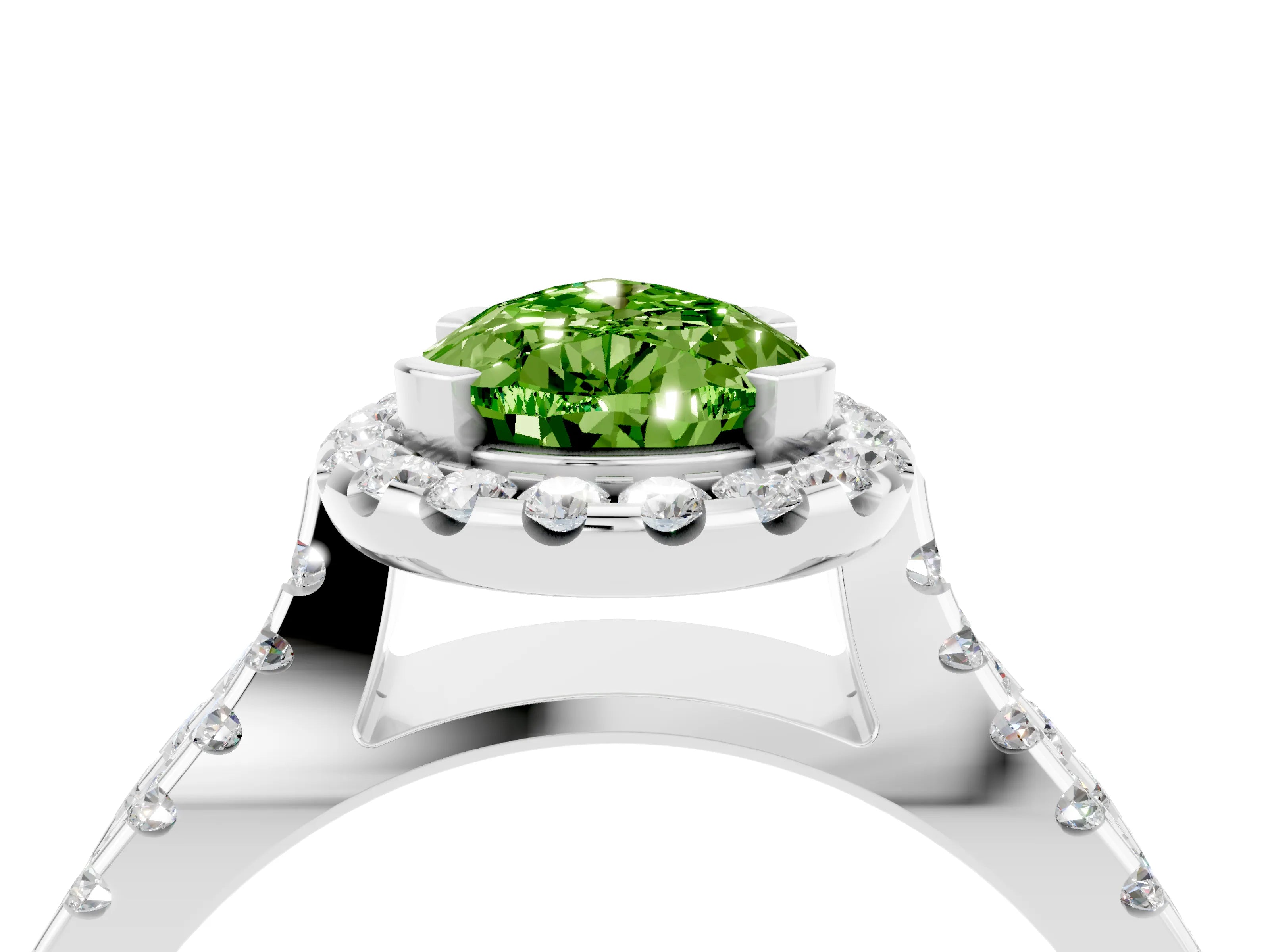 White gold Pear Cut Peridot Halo Ring with Split Shank Pavé Band and Prong Setting_4