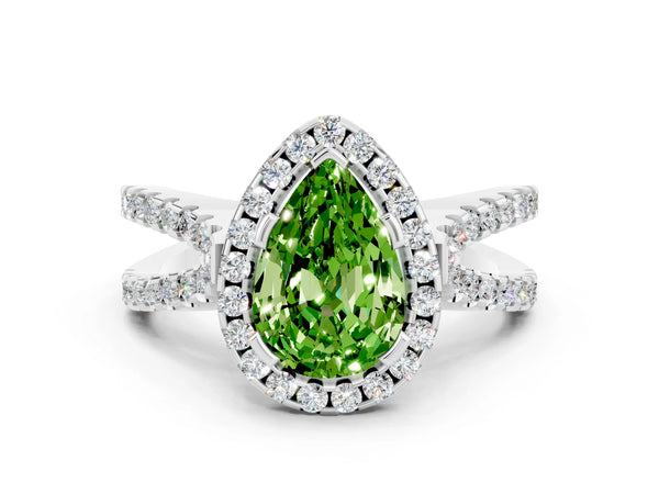 White gold Pear Cut Peridot Halo Ring with Split Shank Pavé Band and Prong Setting