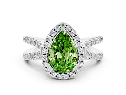 White gold Pear Cut Peridot Halo Ring with Split Shank Pavé Band and Prong Setting