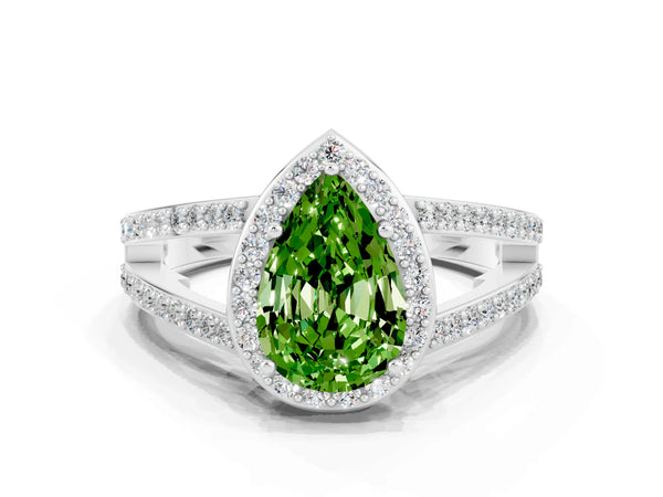 Platinum Pear Cut Peridot Halo Ring with Split Shank U-Prong Band and Four-Prong Setting