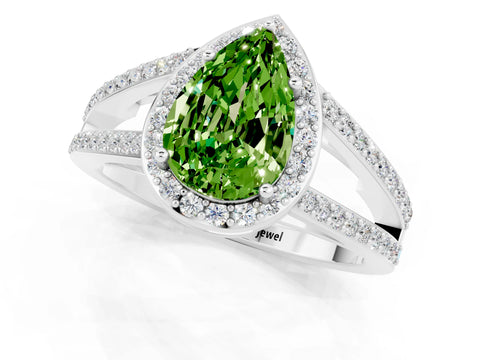 White gold Pear Cut Peridot Halo Ring with Split Shank U-Prong Band and Four-Prong Setting_1