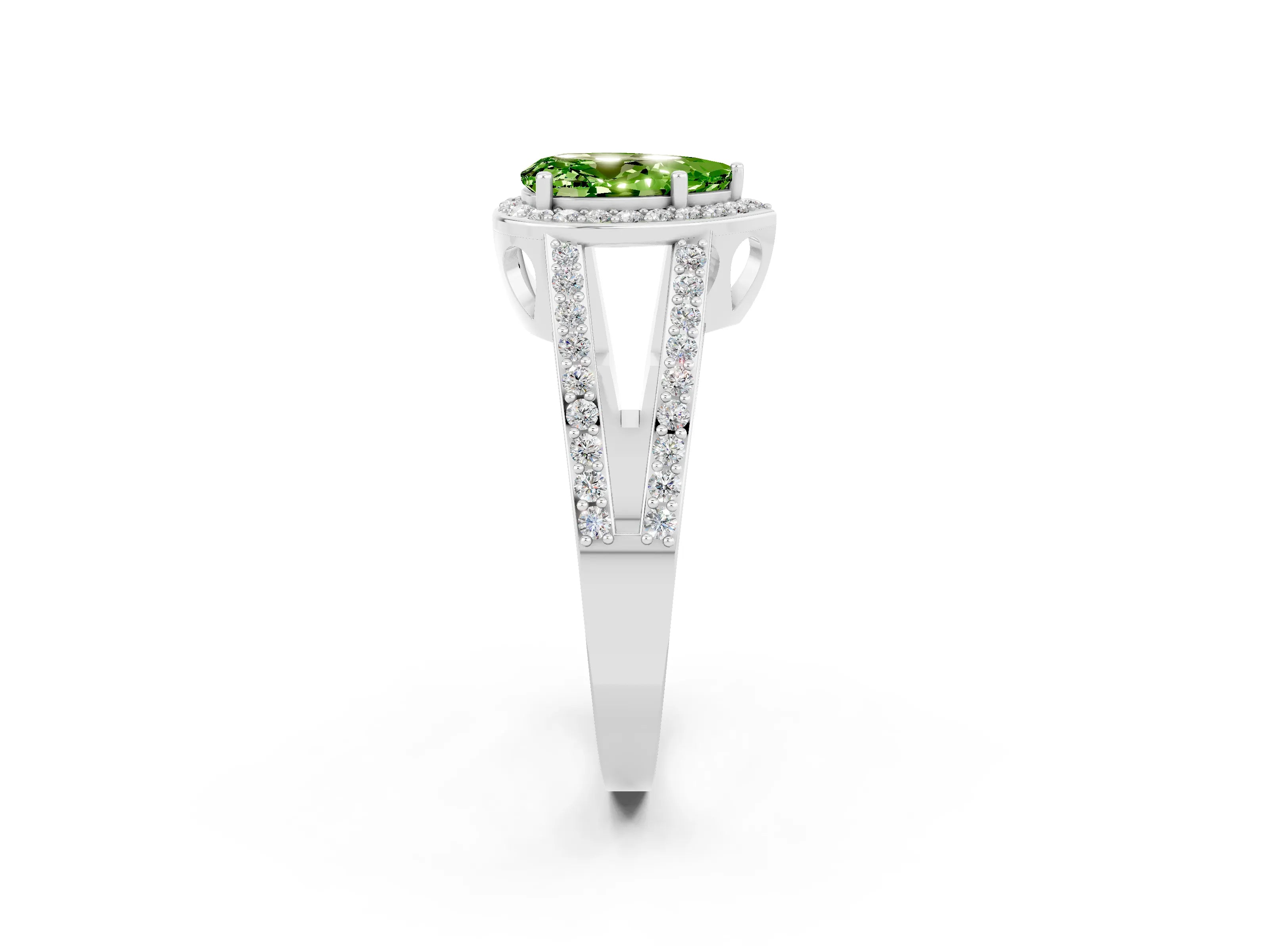 White gold Pear Cut Peridot Halo Ring with Split Shank U-Prong Band and Four-Prong Setting_2