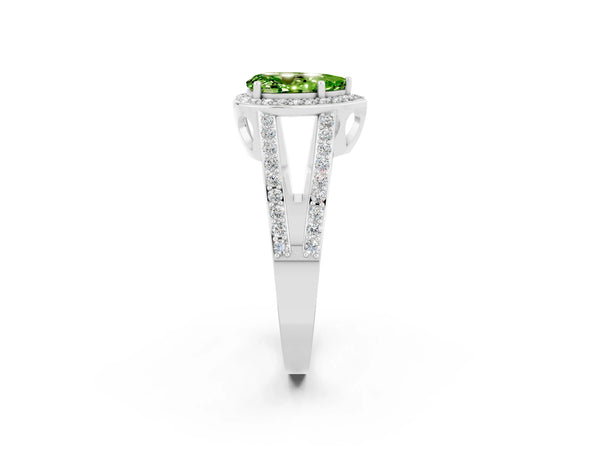 Silver Pear Cut Peridot Halo Ring with Split Shank U-Prong Band and Four-Prong Setting