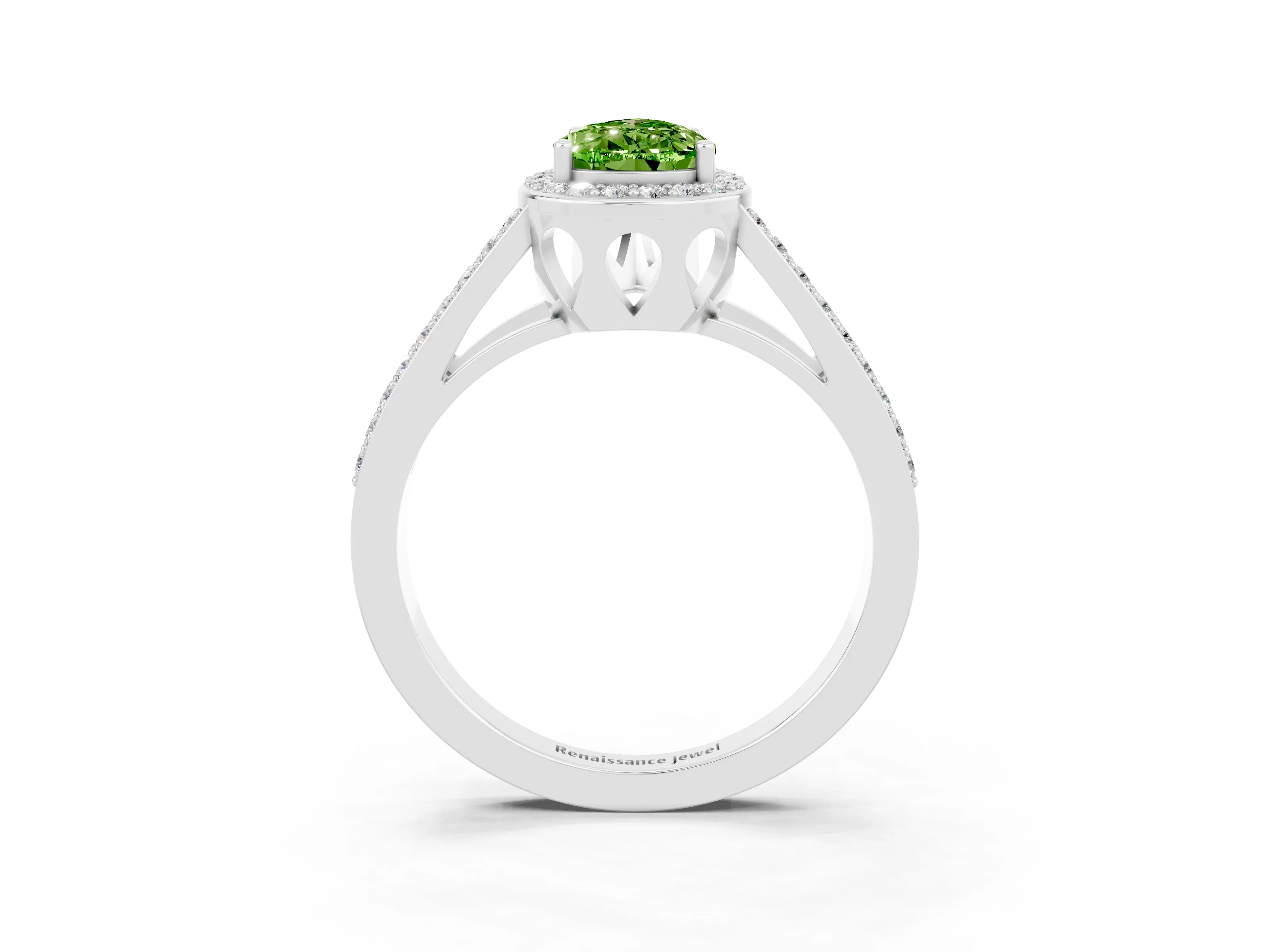 White gold Pear Cut Peridot Halo Ring with Split Shank U-Prong Band and Four-Prong Setting_3