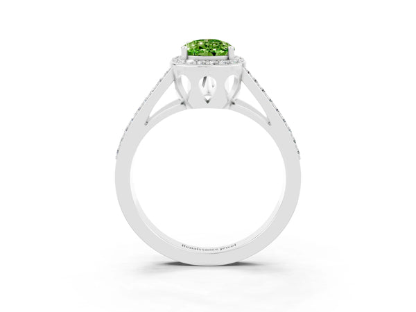 Silver Pear Cut Peridot Halo Ring with Split Shank U-Prong Band and Four-Prong Setting