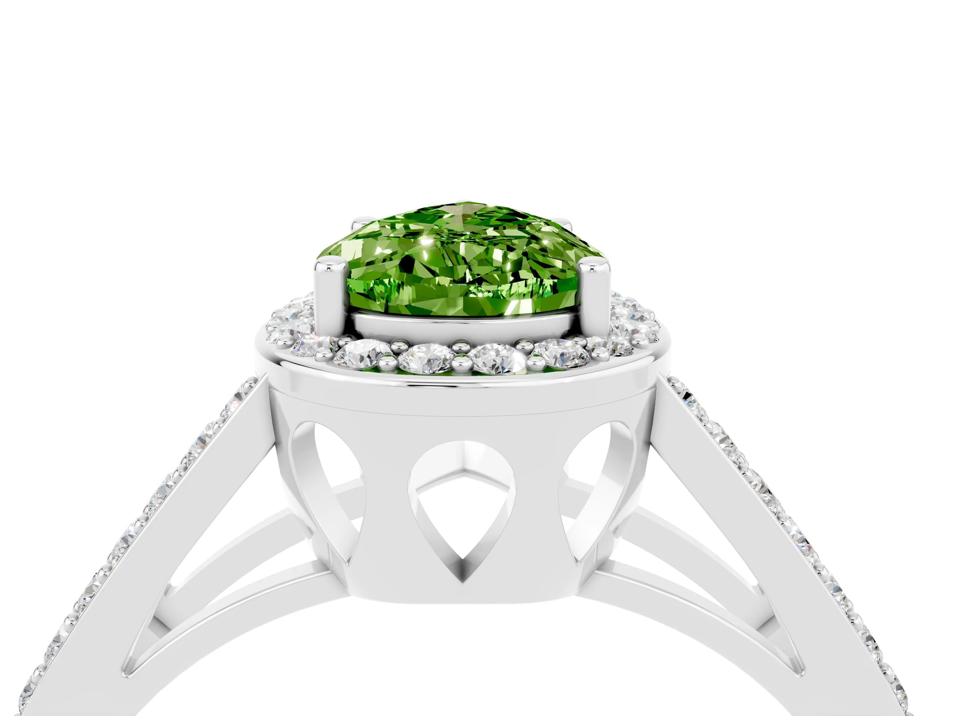 White gold Pear Cut Peridot Halo Ring with Split Shank U-Prong Band and Four-Prong Setting_4