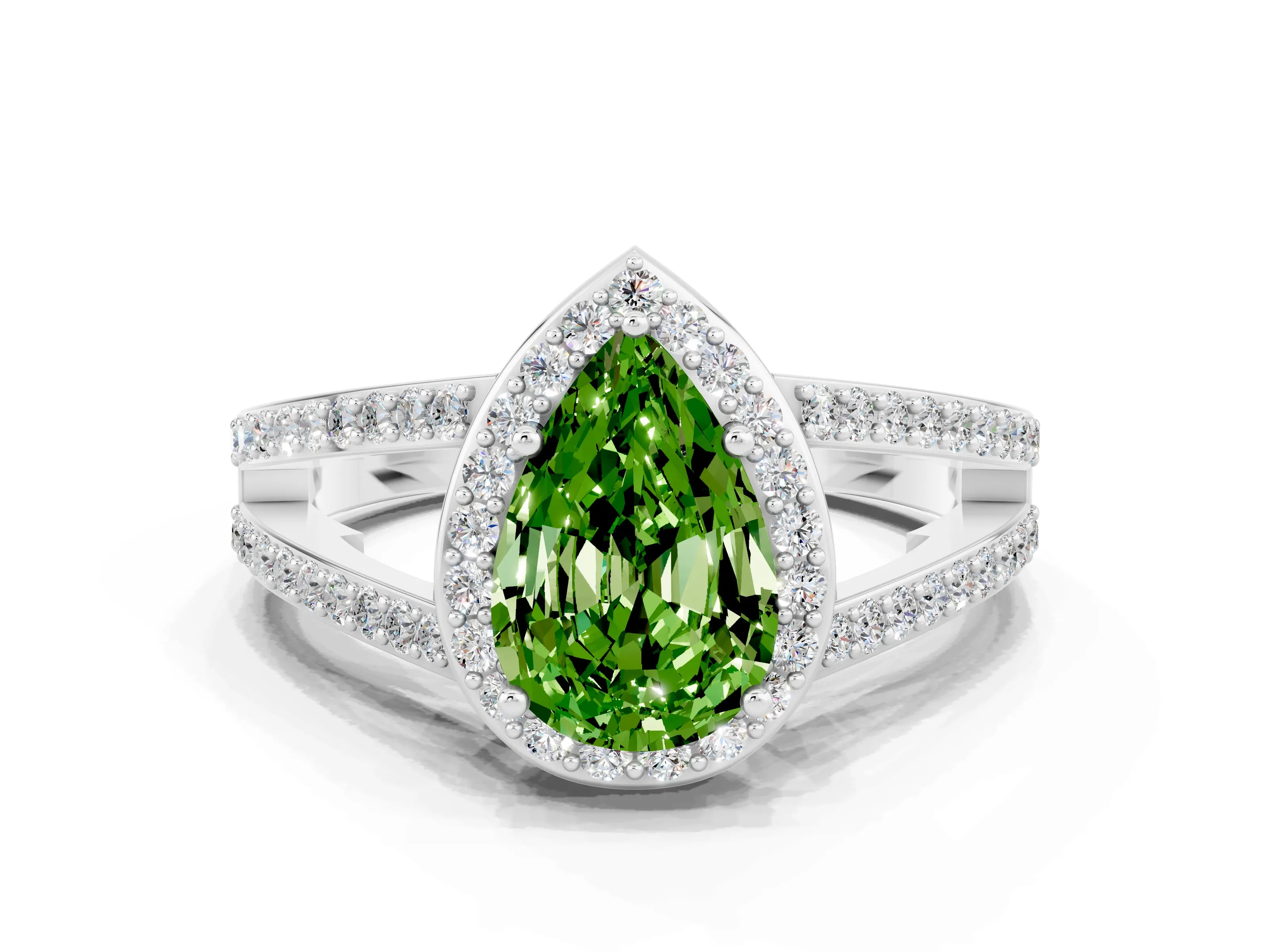 White gold Pear Cut Peridot Halo Ring with Split Shank U-Prong Band and Four-Prong Setting