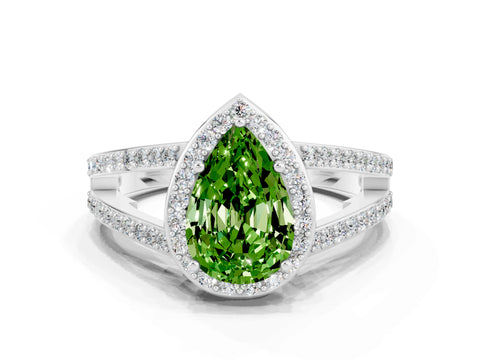 White gold Pear Cut Peridot Halo Ring with Split Shank U-Prong Band and Four-Prong Setting