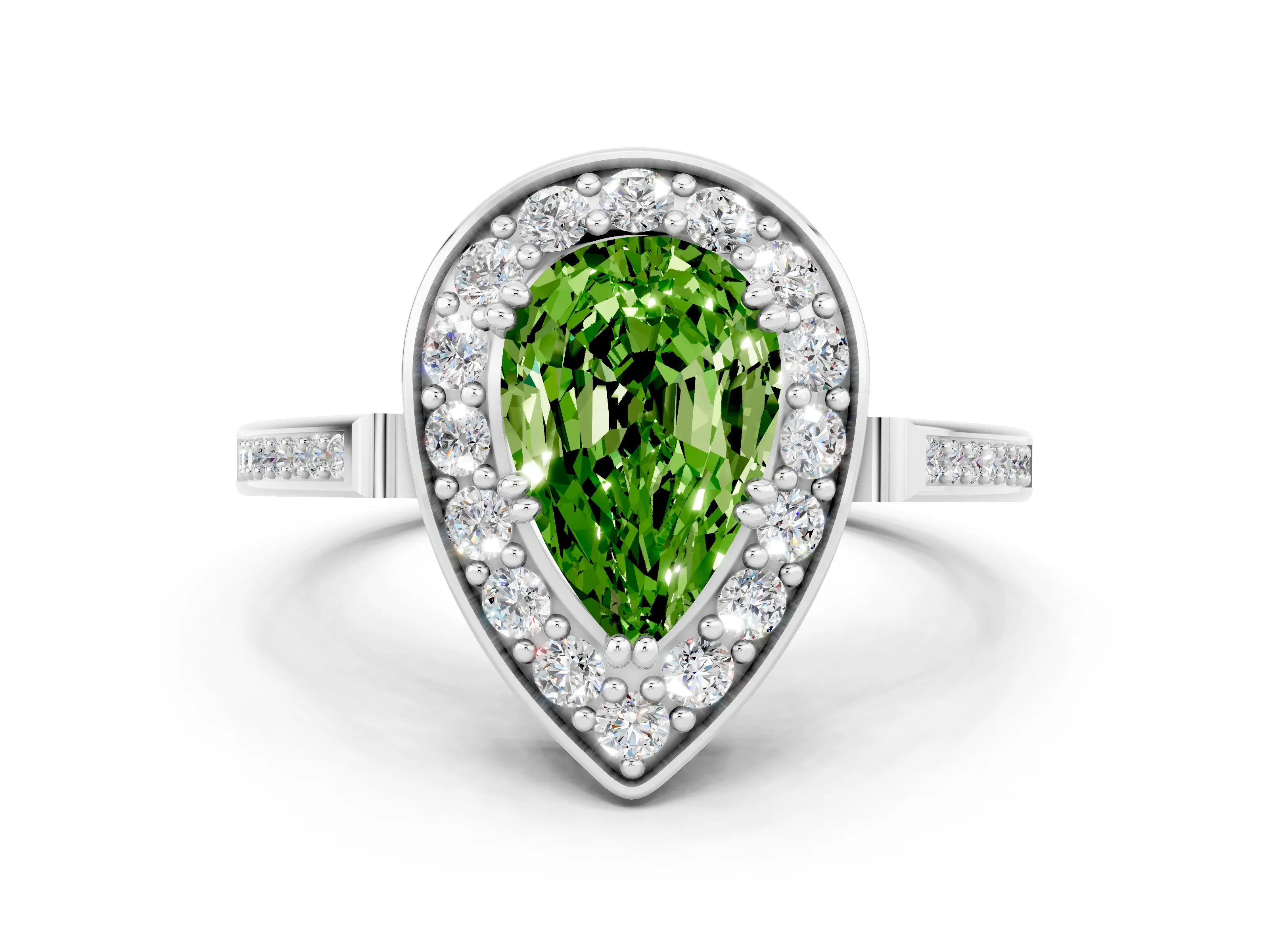 White gold Pear Cut Peridot Halo Ring with Split Shank and Four-Prong Setting